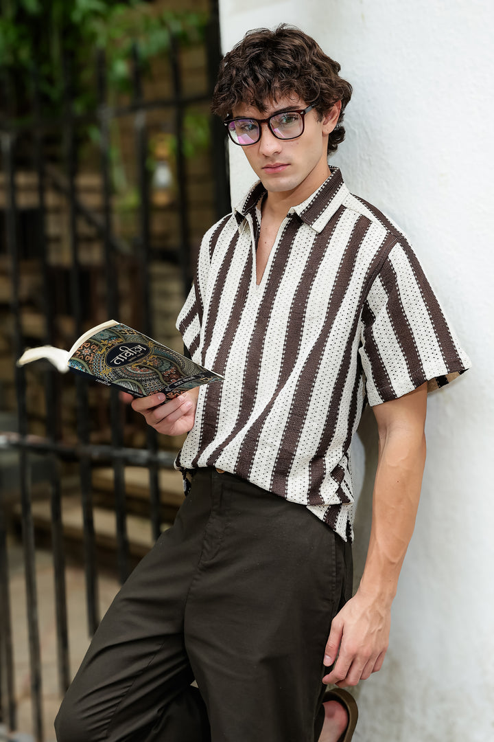 Short Sleeve : Brown Stripes Crochet Shirt