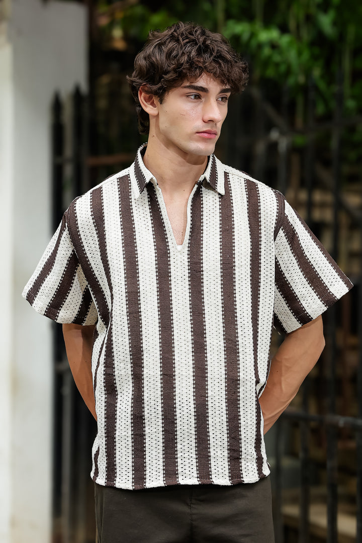 Short Sleeve : Brown Stripes Crochet Shirt
