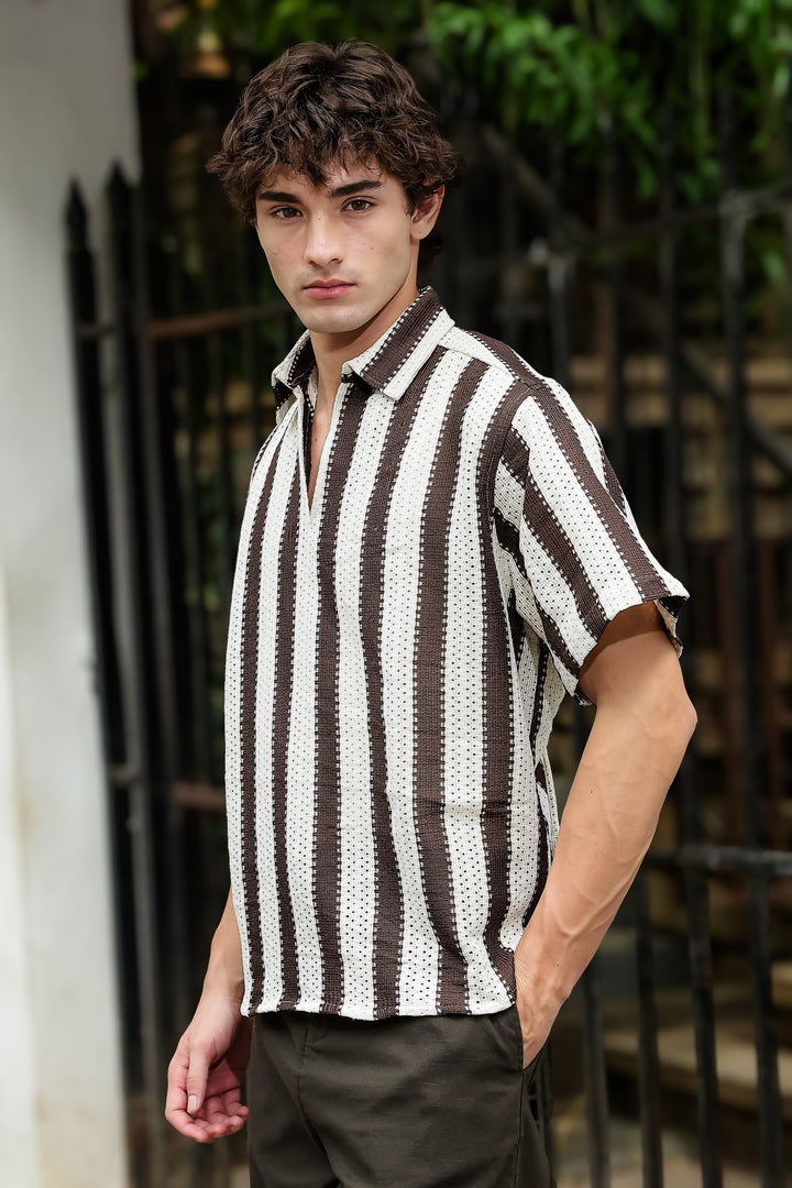 Short Sleeve : Brown Stripes Crochet Shirt