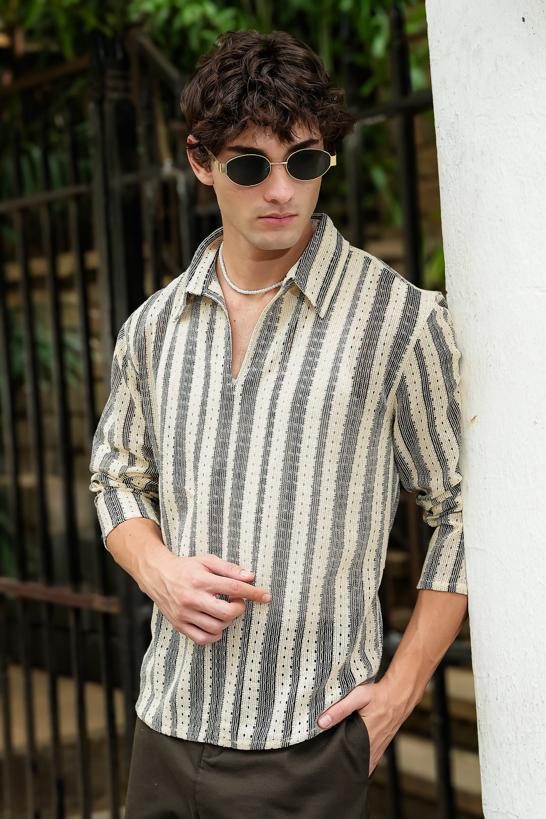 Long Sleeve: Striped Crochet Shirt