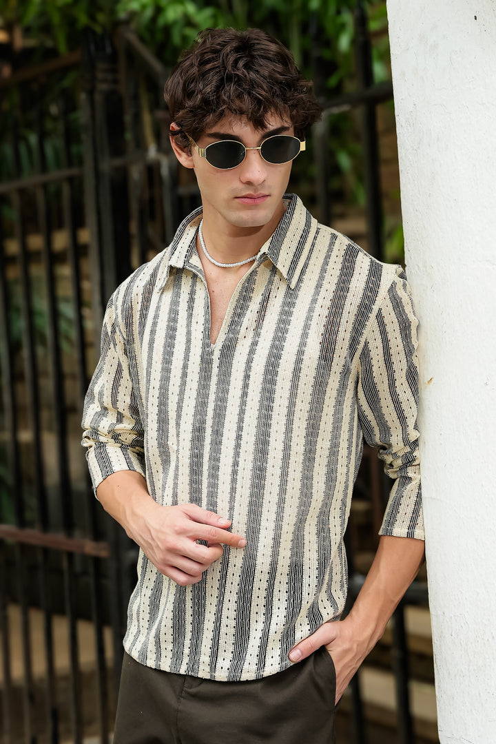 Long Sleeve: Striped Crochet Shirt
