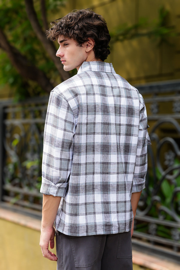 Plaid: Grey Checks Cargo Pocket Shirt