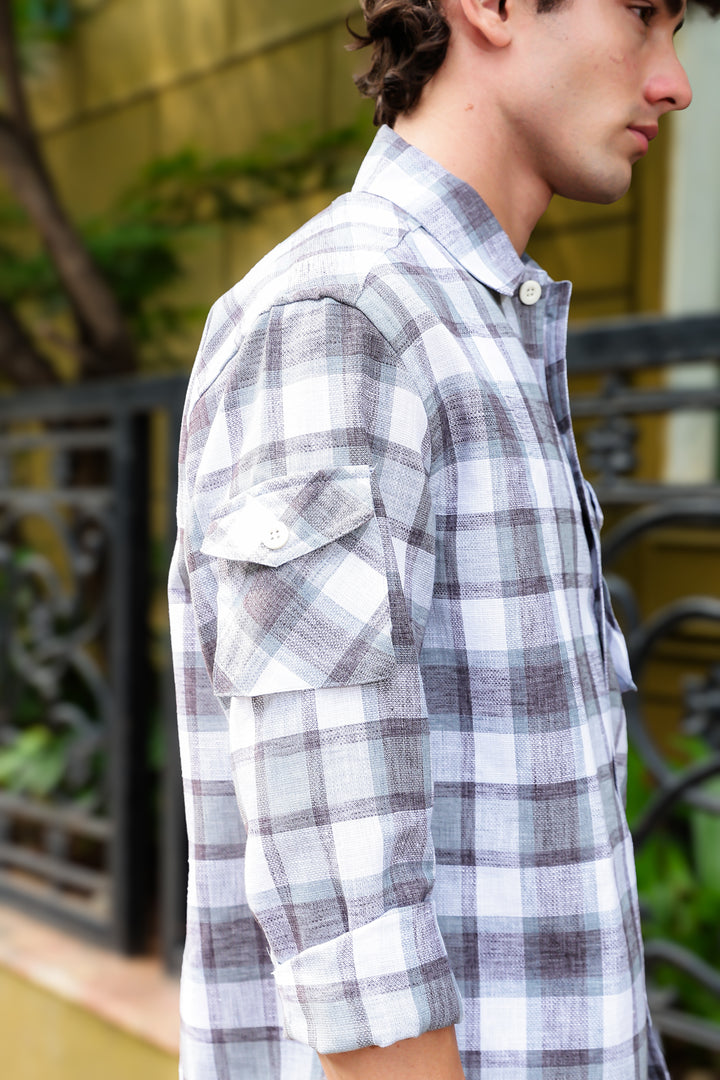 Plaid: Grey Checks Cargo Pocket Shirt