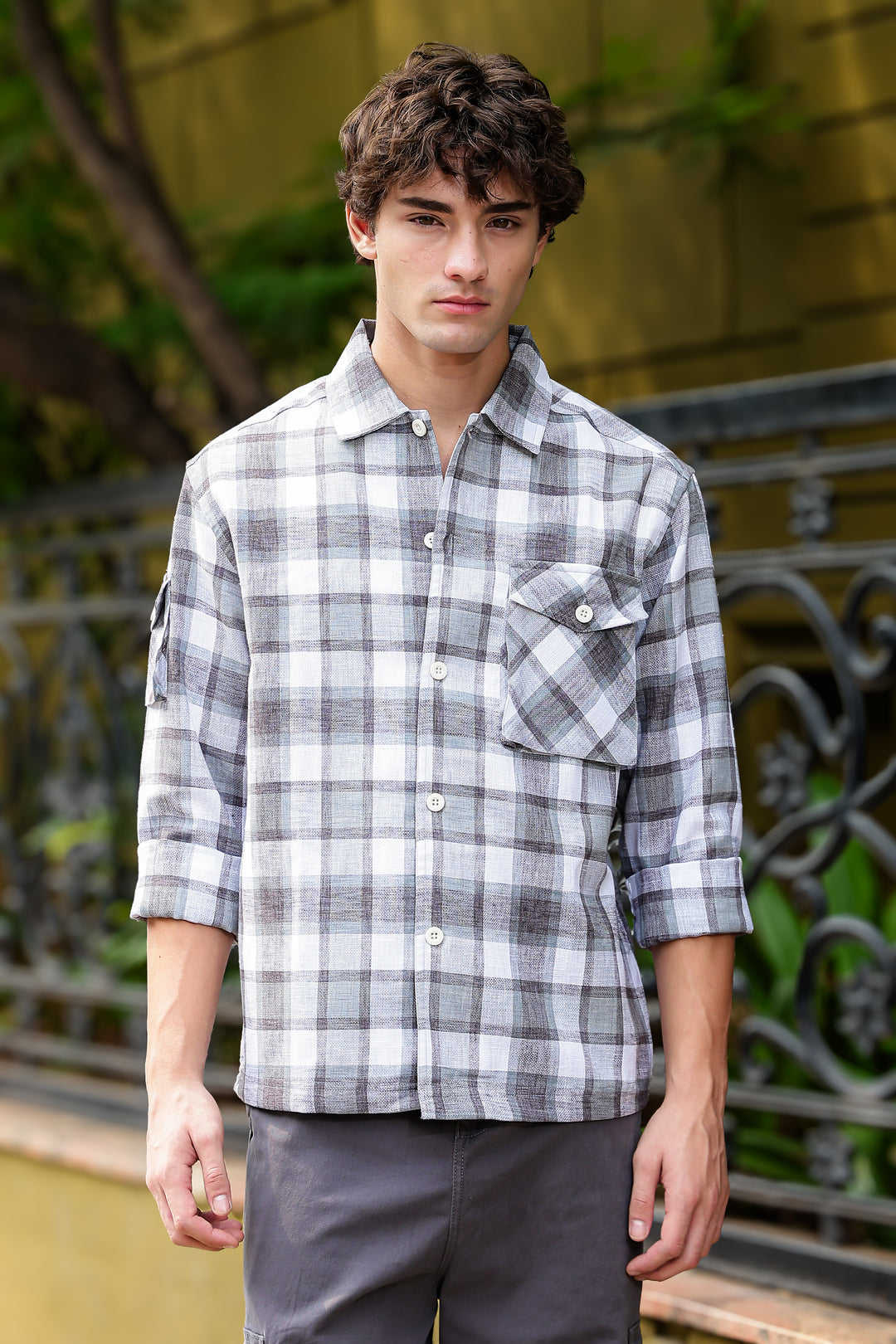 Plaid: Grey Checks Cargo Pocket Shirt
