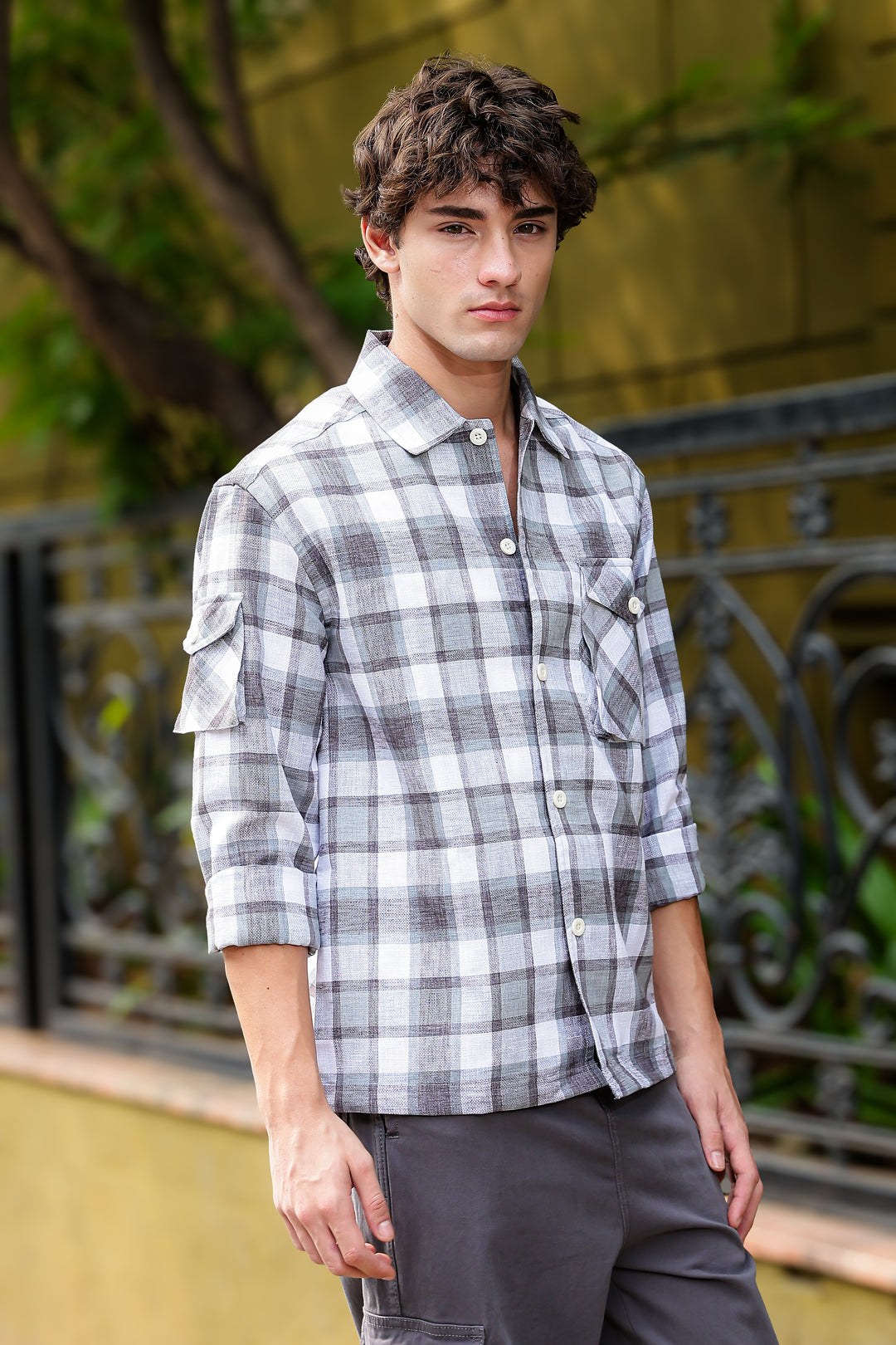 Plaid: Grey Checks Cargo Pocket Shirt