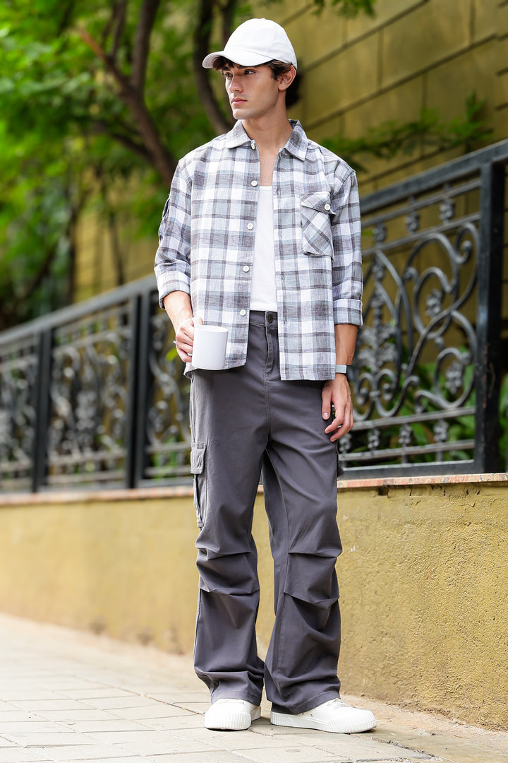 Plaid: Grey Checks Cargo Pocket Shirt