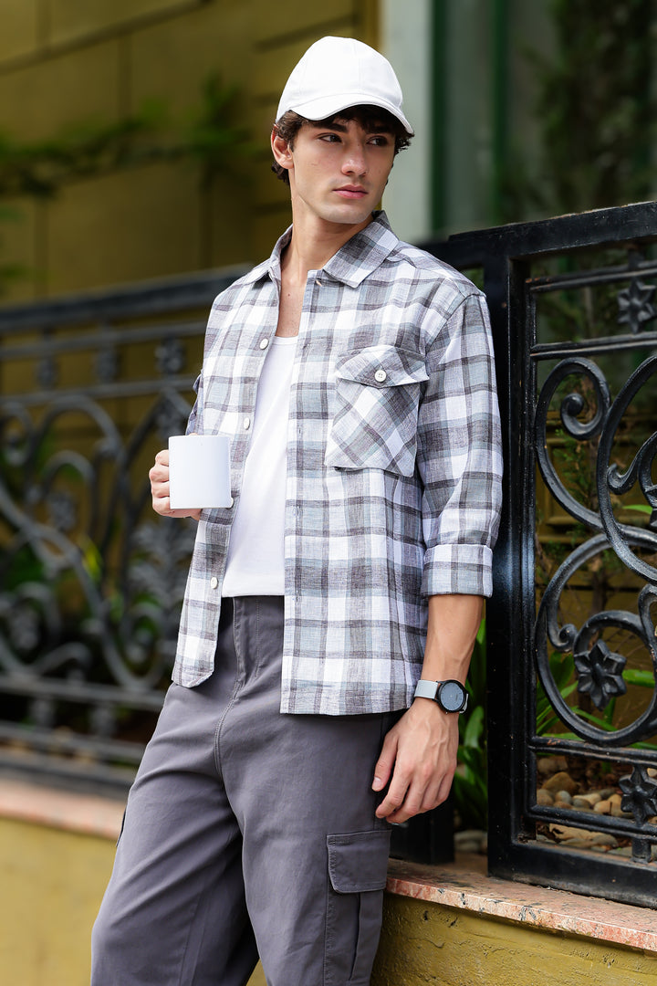 Plaid: Grey Checks Cargo Pocket Shirt