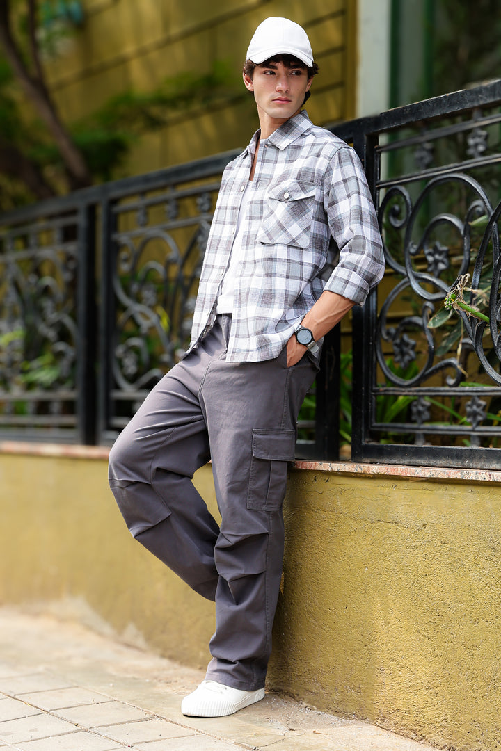 Plaid: Grey Checks Cargo Pocket Shirt