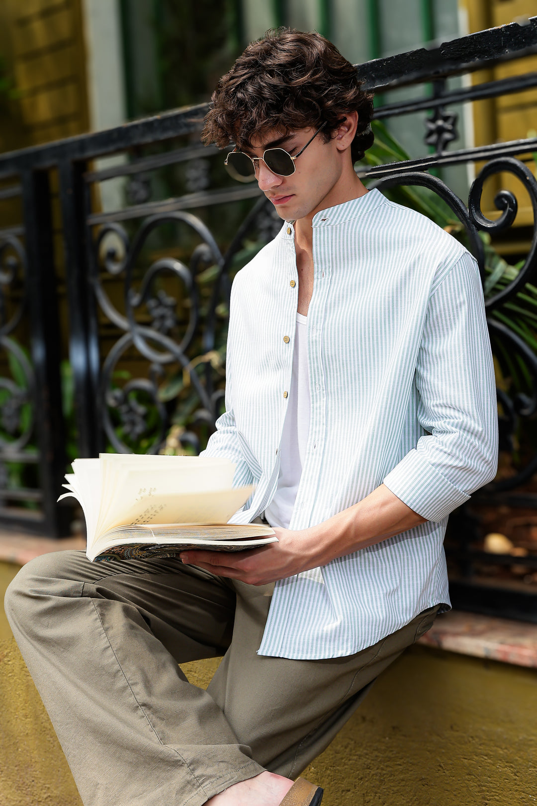 Streaks: Mandarin Collar Mint Green Shirt