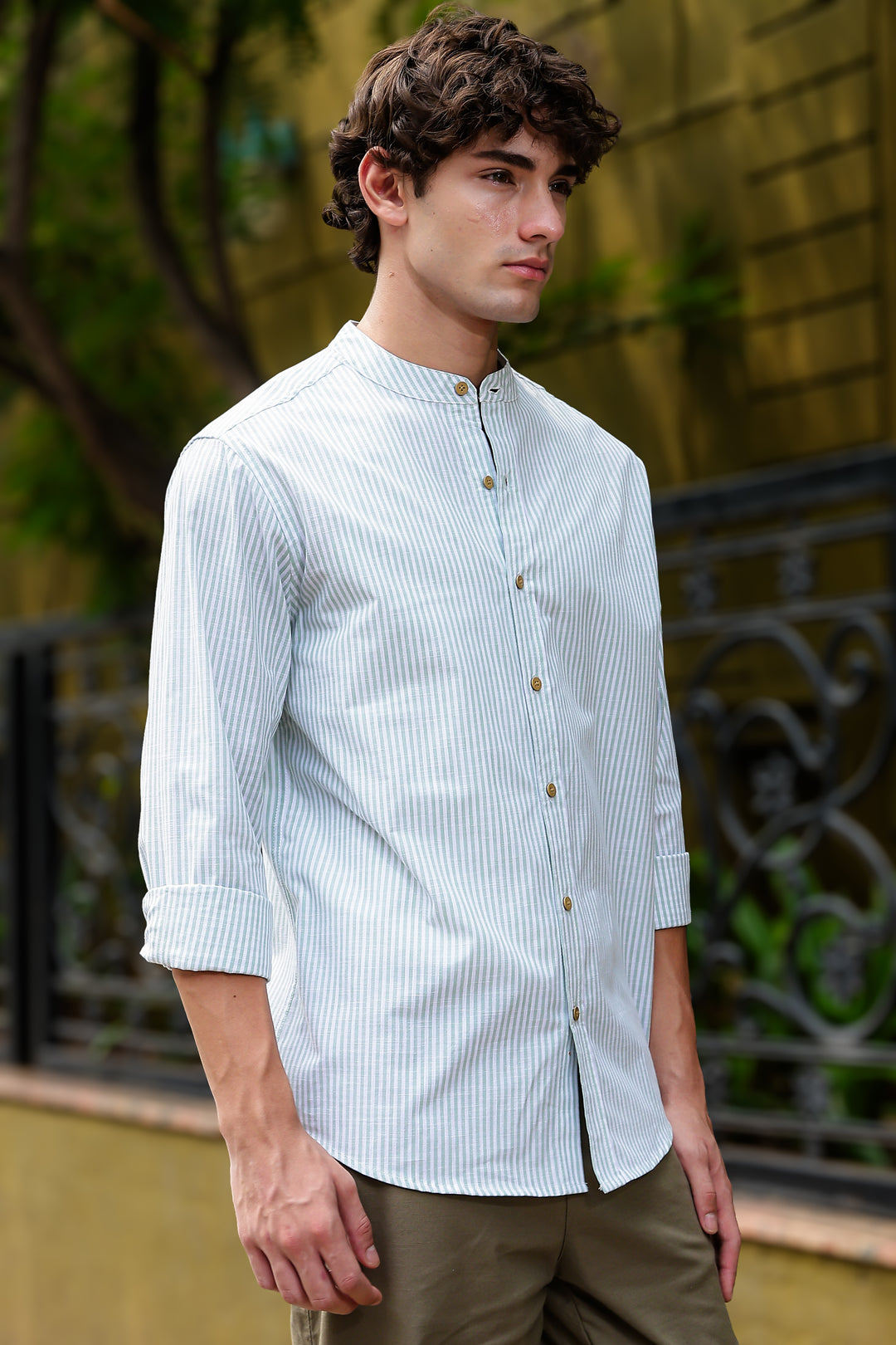 Streaks: Mandarin Collar Mint Green Shirt