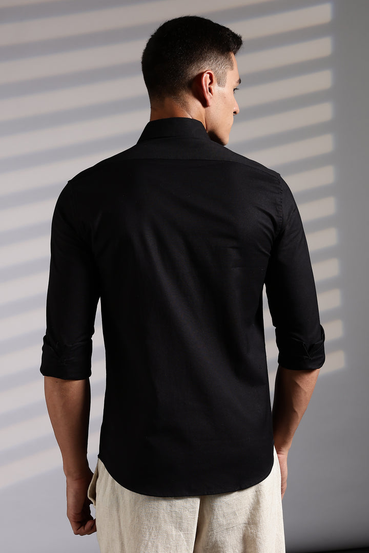 Twin Bird Embroidery Black Linen Shirt