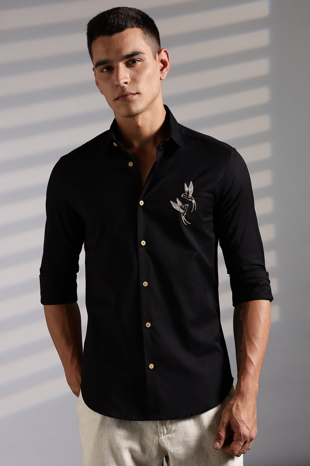 Twin Bird Embroidery Black Linen Shirt