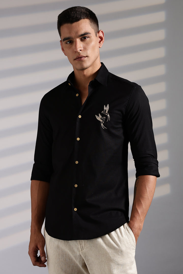 Twin Bird Embroidery Black Linen Shirt