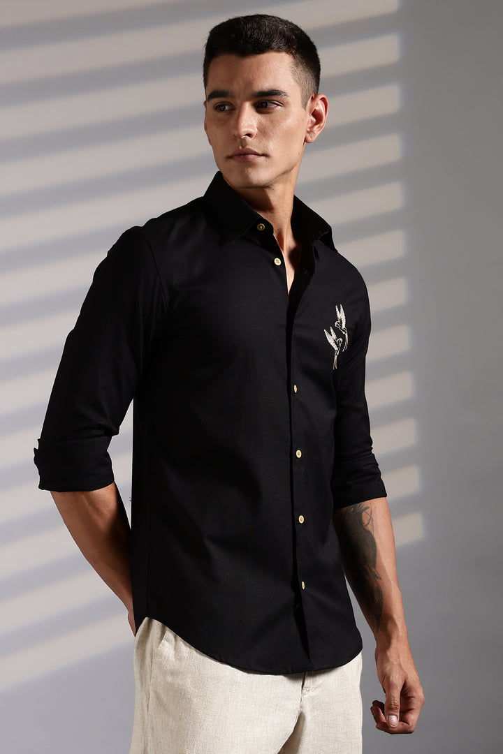 Twin Bird Embroidery Black Linen Shirt