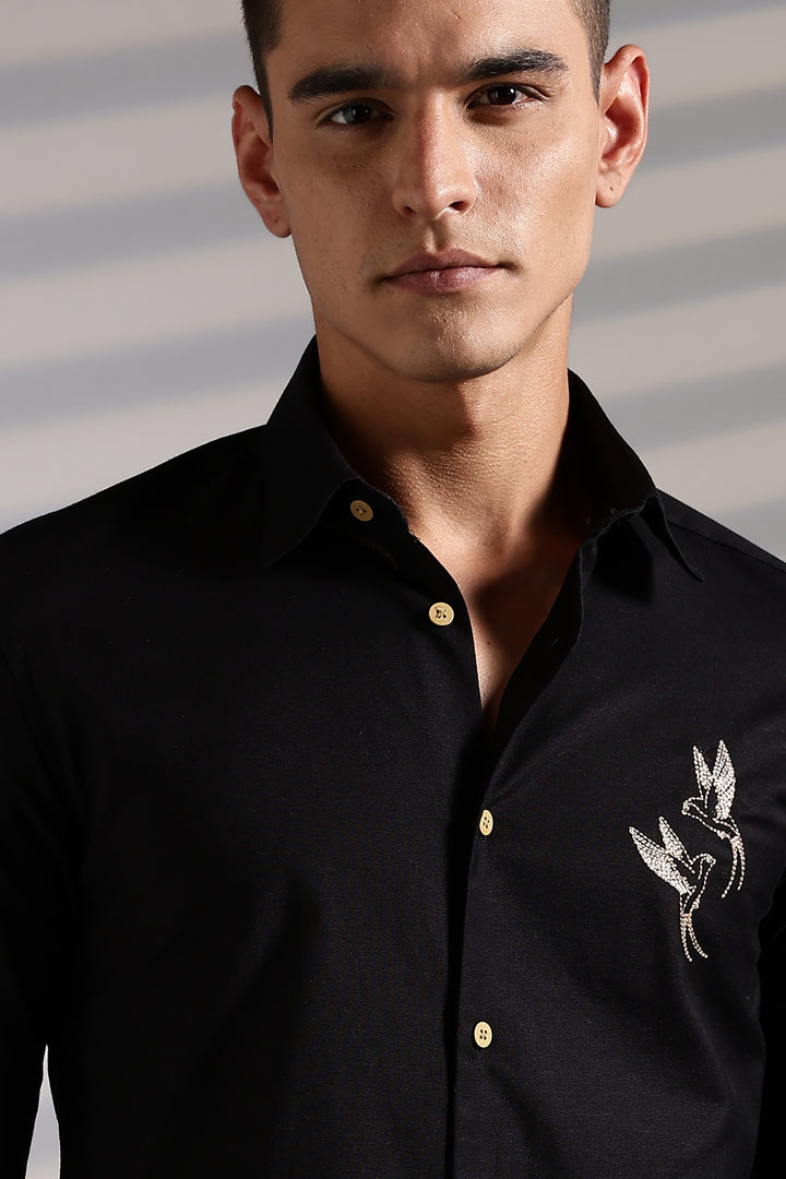 Twin Bird Embroidery Black Linen Shirt