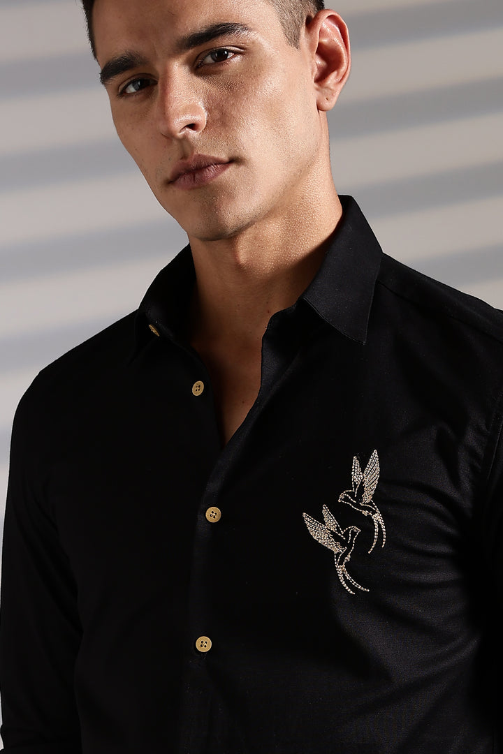 Twin Bird Embroidery Black Linen Shirt