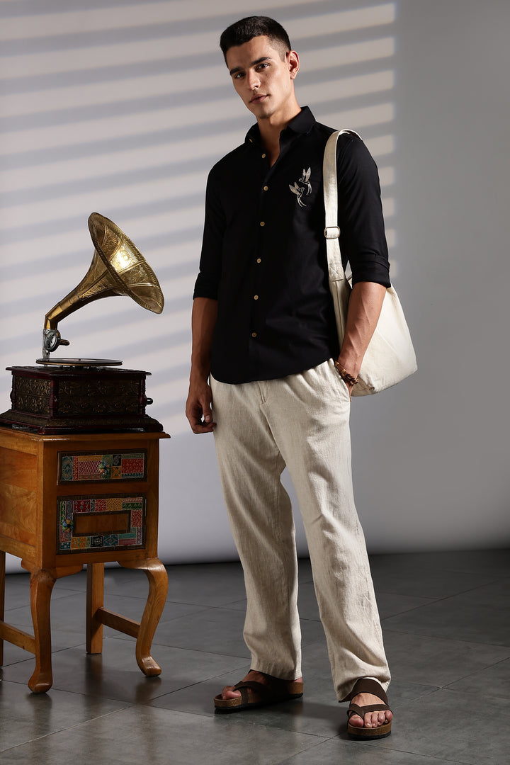 Twin Bird Embroidery Black Linen Shirt