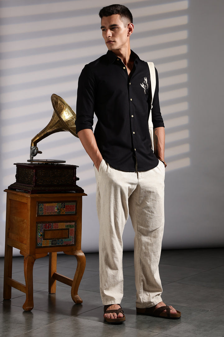 Twin Bird Embroidery Black Linen Shirt