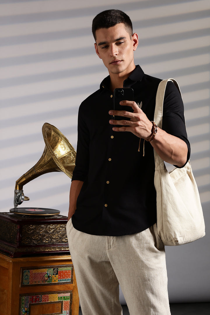 Twin Bird Embroidery Black Linen Shirt