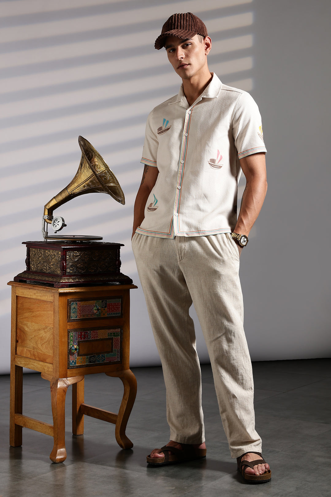 Textured: Boat Printed Cream Cuban Shirt