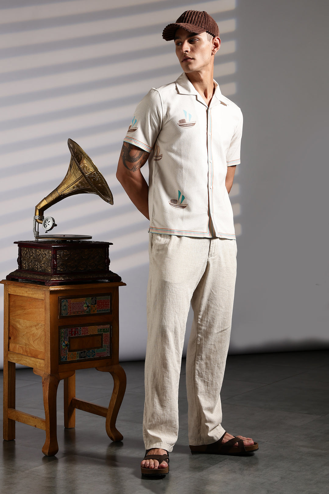 Textured: Boat Printed Cream Cuban Shirt