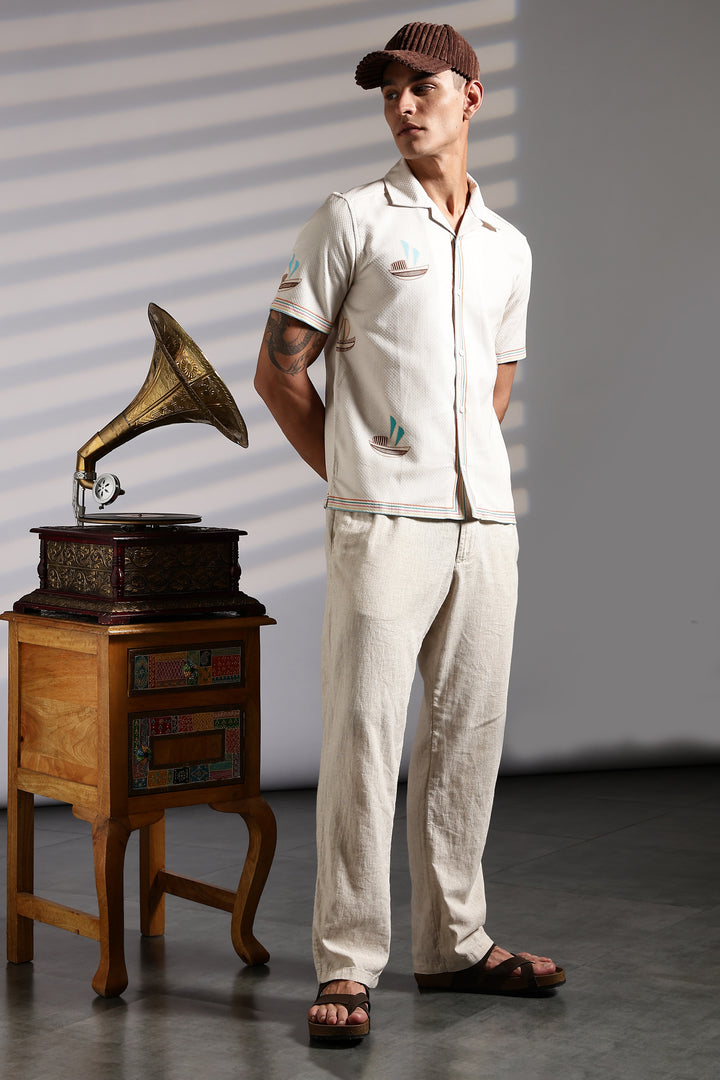 Textured: Boat Printed Cream Cuban Shirt