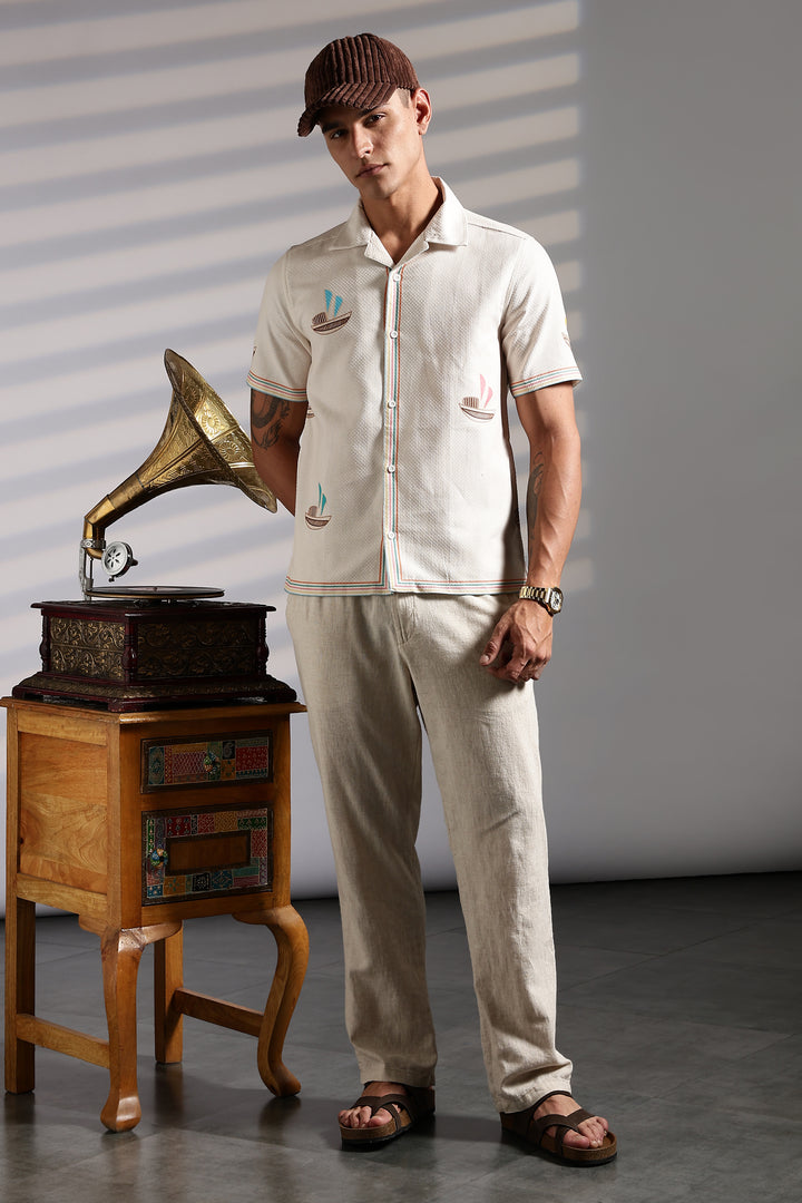Textured: Boat Printed Cream Cuban Shirt