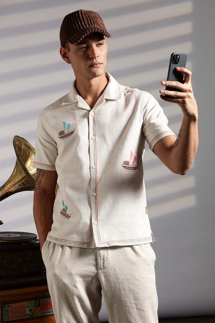 Textured: Boat Printed Cream Cuban Shirt