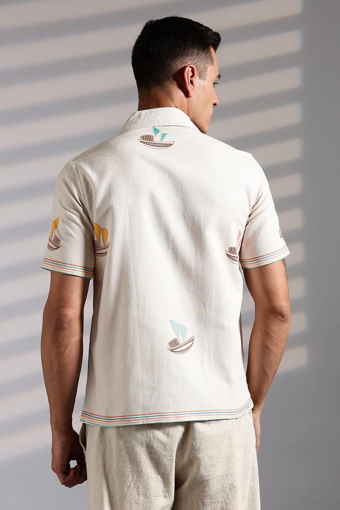 Textured: Boat Printed Cream Cuban Shirt