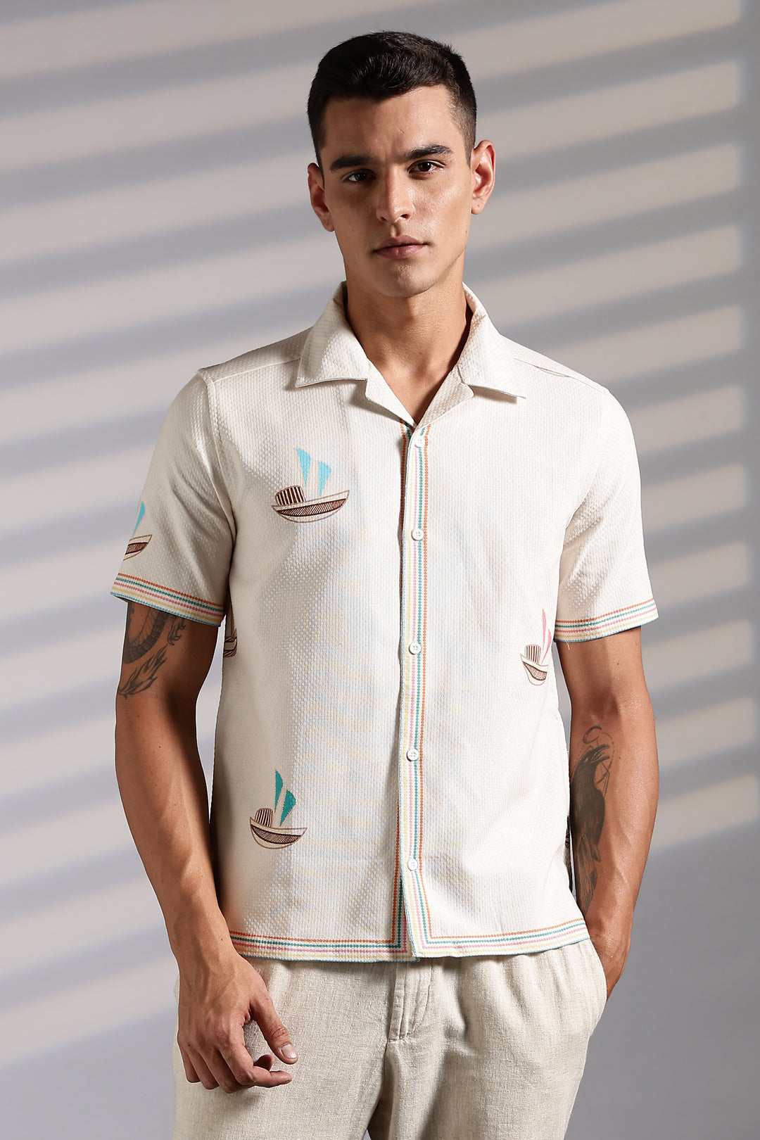 Textured: Boat Printed Cream Cuban Shirt