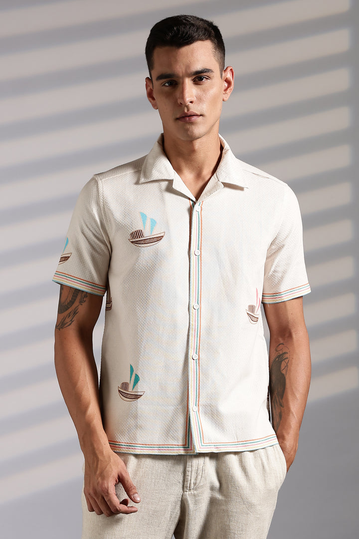 Textured: Boat Printed Cream Cuban Shirt