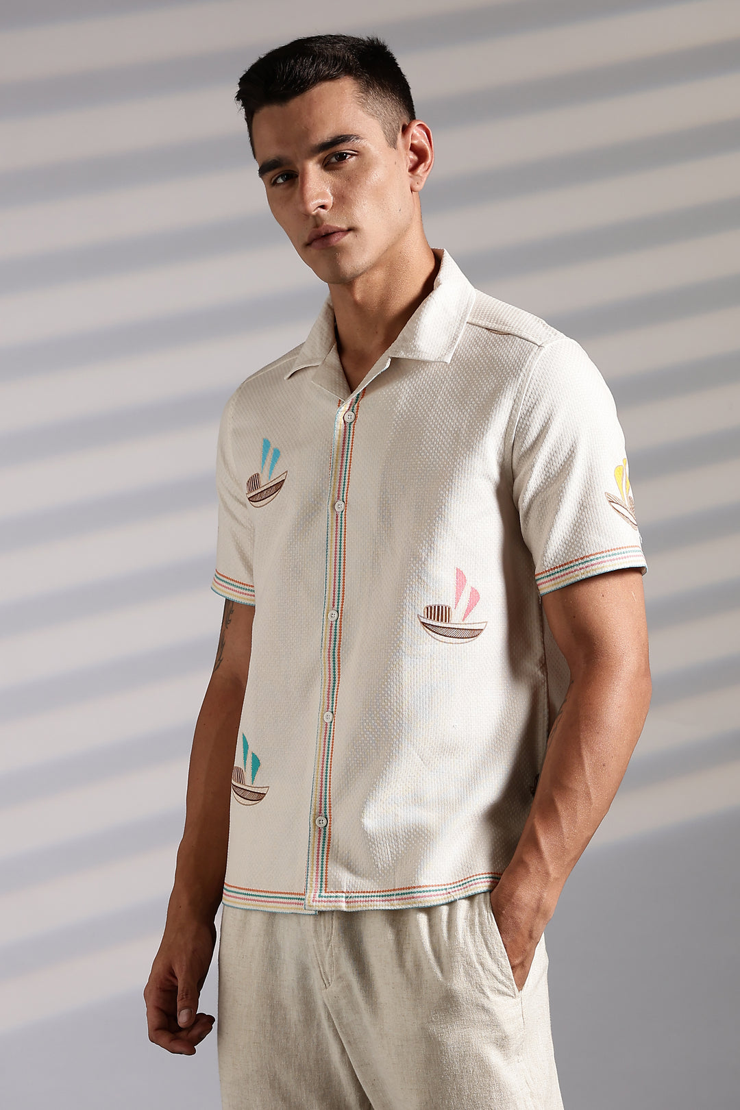 Textured: Boat Printed Cream Cuban Shirt