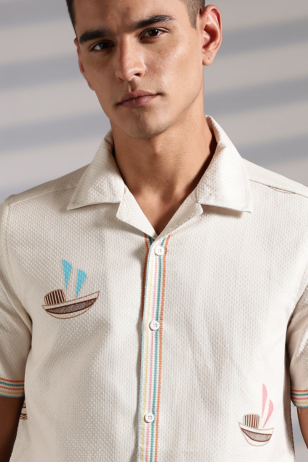 Textured: Boat Printed Cream Cuban Shirt