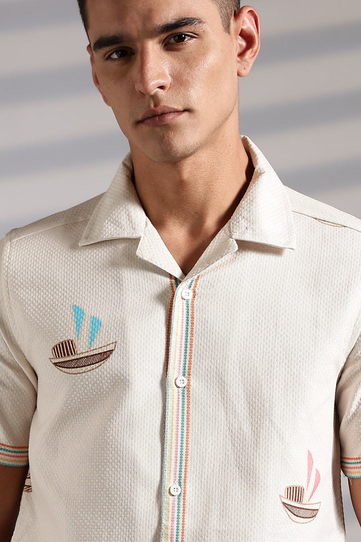 Textured: Boat Printed Cream Cuban Shirt