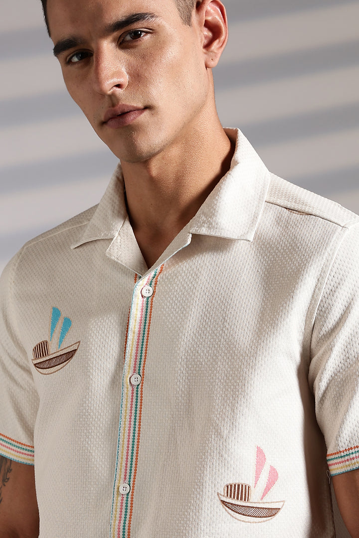 Textured: Boat Printed Cream Cuban Shirt