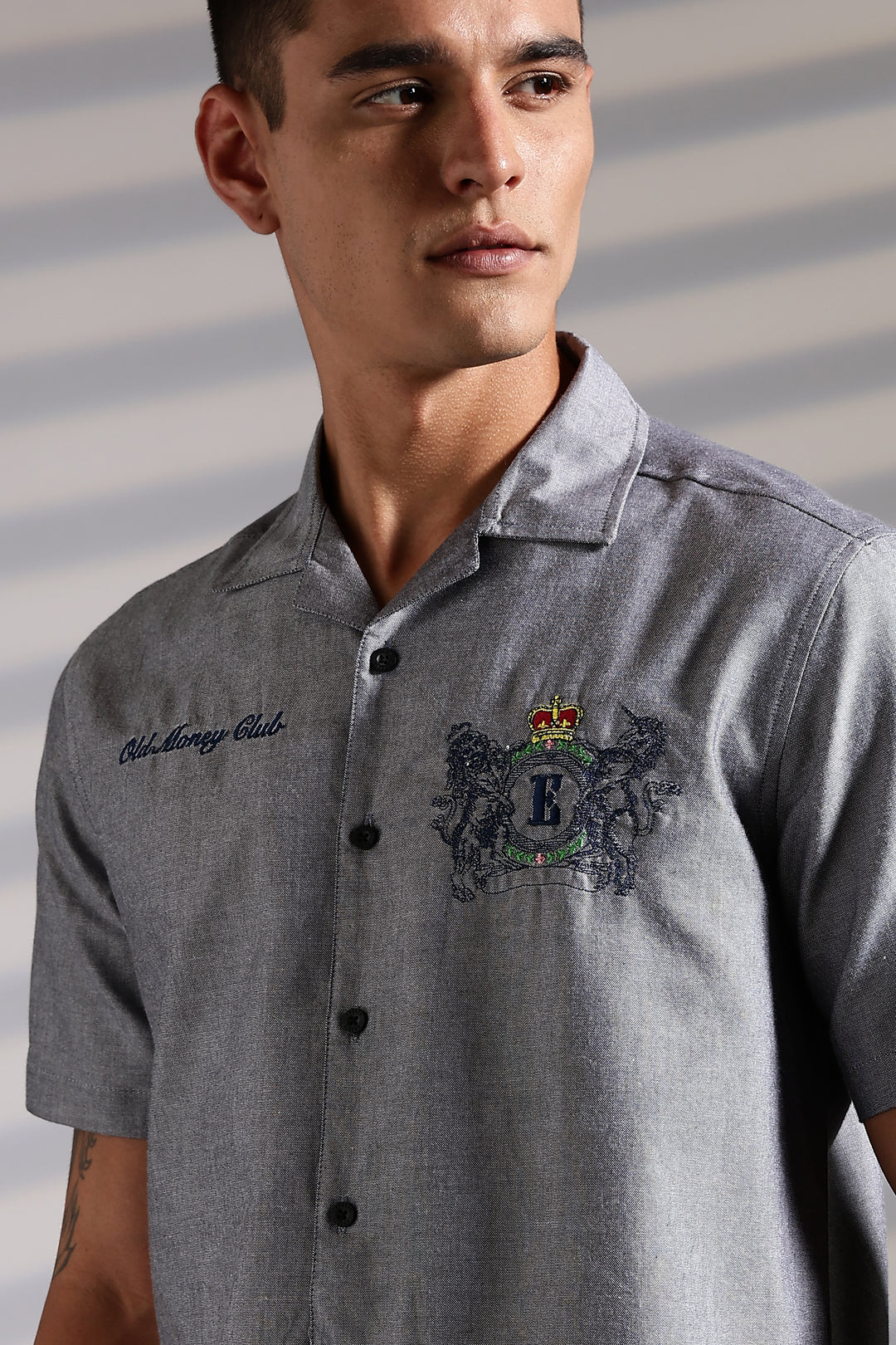 Old Money: Grey Embroidery Cuban shirt