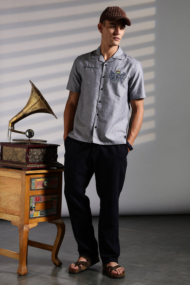 Old Money: Grey Embroidery Cuban shirt