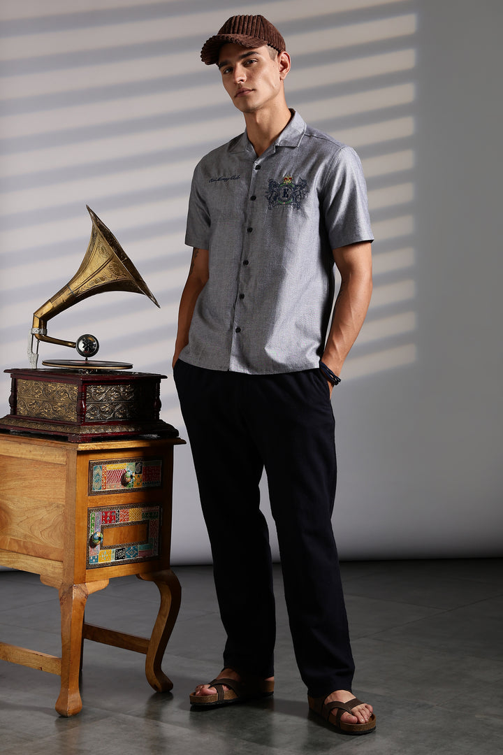 Old Money: Grey Embroidery Cuban shirt