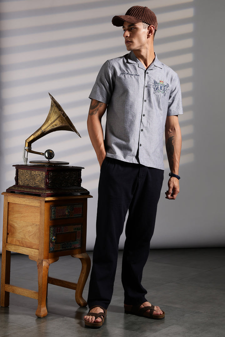Old Money: Grey Embroidery Cuban shirt