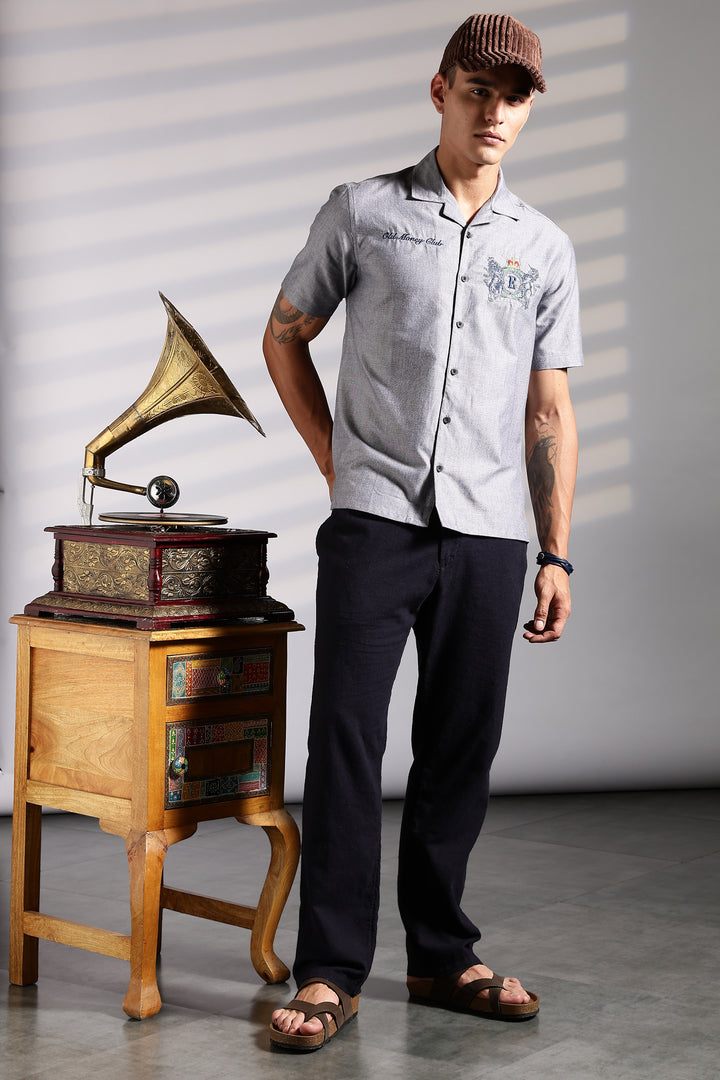 Old Money: Grey Embroidery Cuban shirt