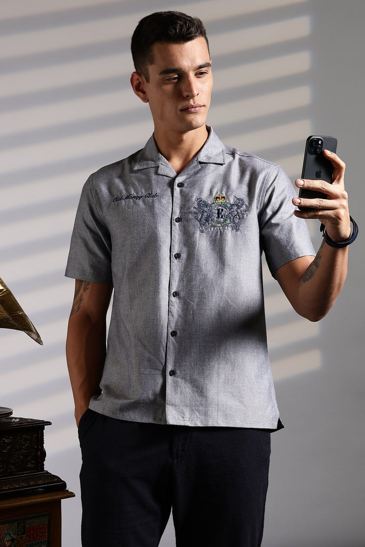 Old Money: Grey Embroidery Cuban shirt