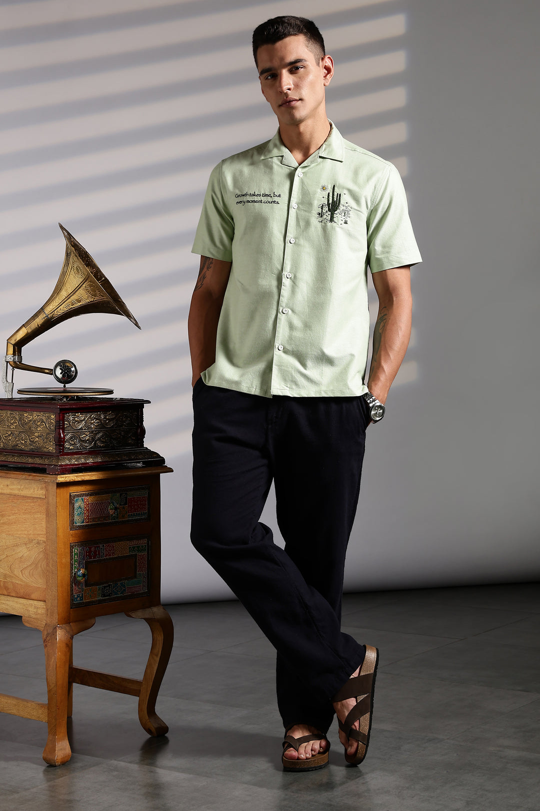 Cactus: Green Embroidery Cuban Shirt