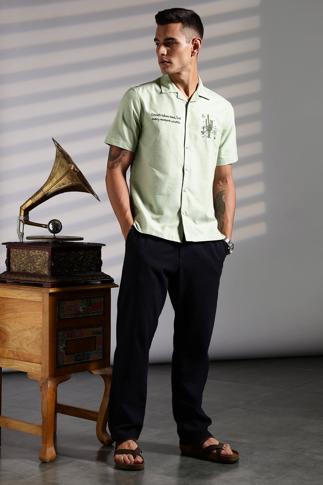 Cactus: Green Embroidery Cuban Shirt