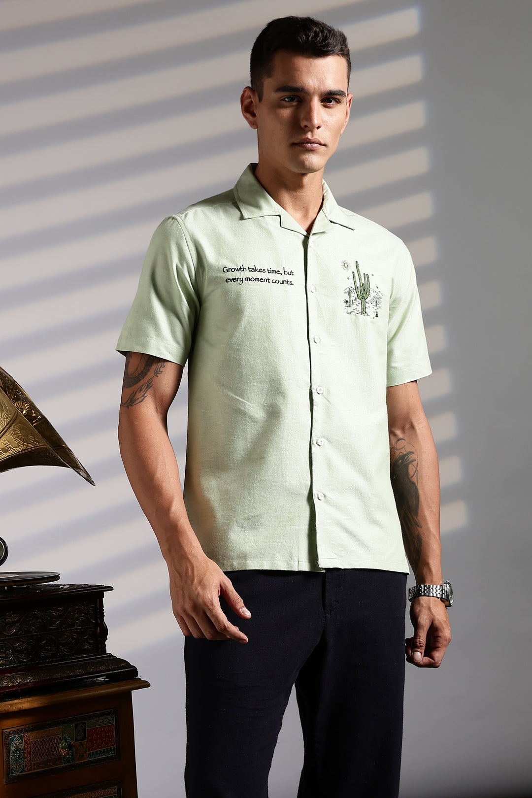 Cactus: Green Embroidery Cuban Shirt