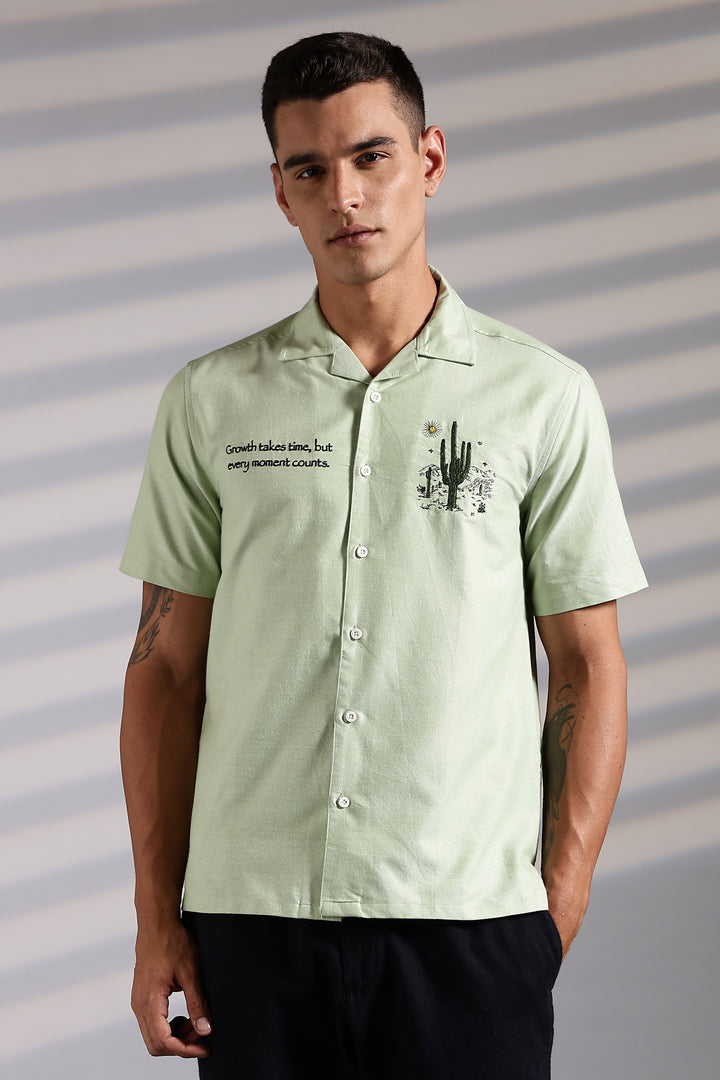 Cactus: Green Embroidery Cuban Shirt