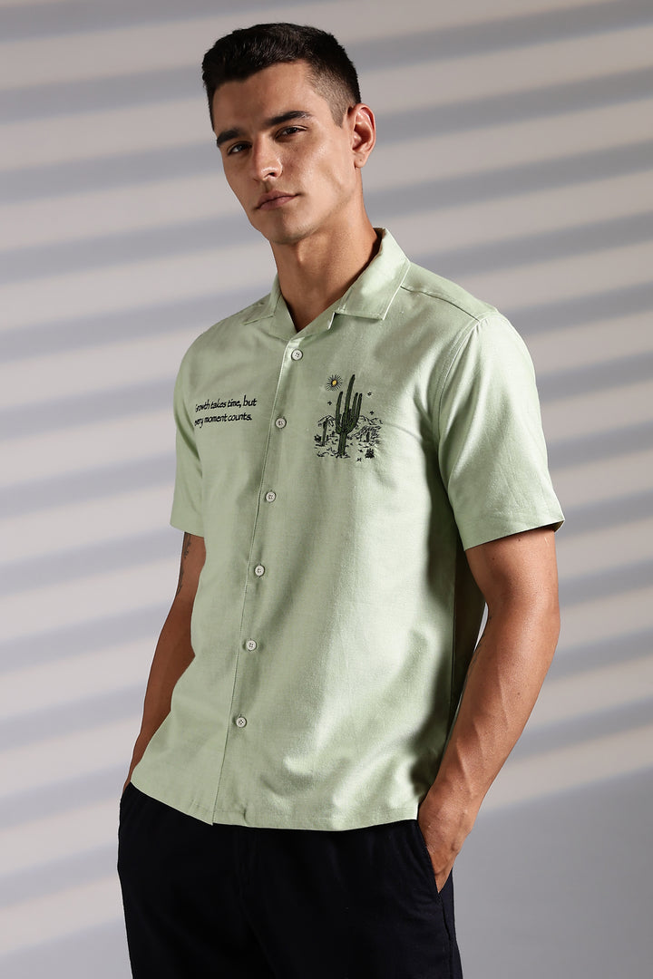 Cactus: Green Embroidery Cuban Shirt