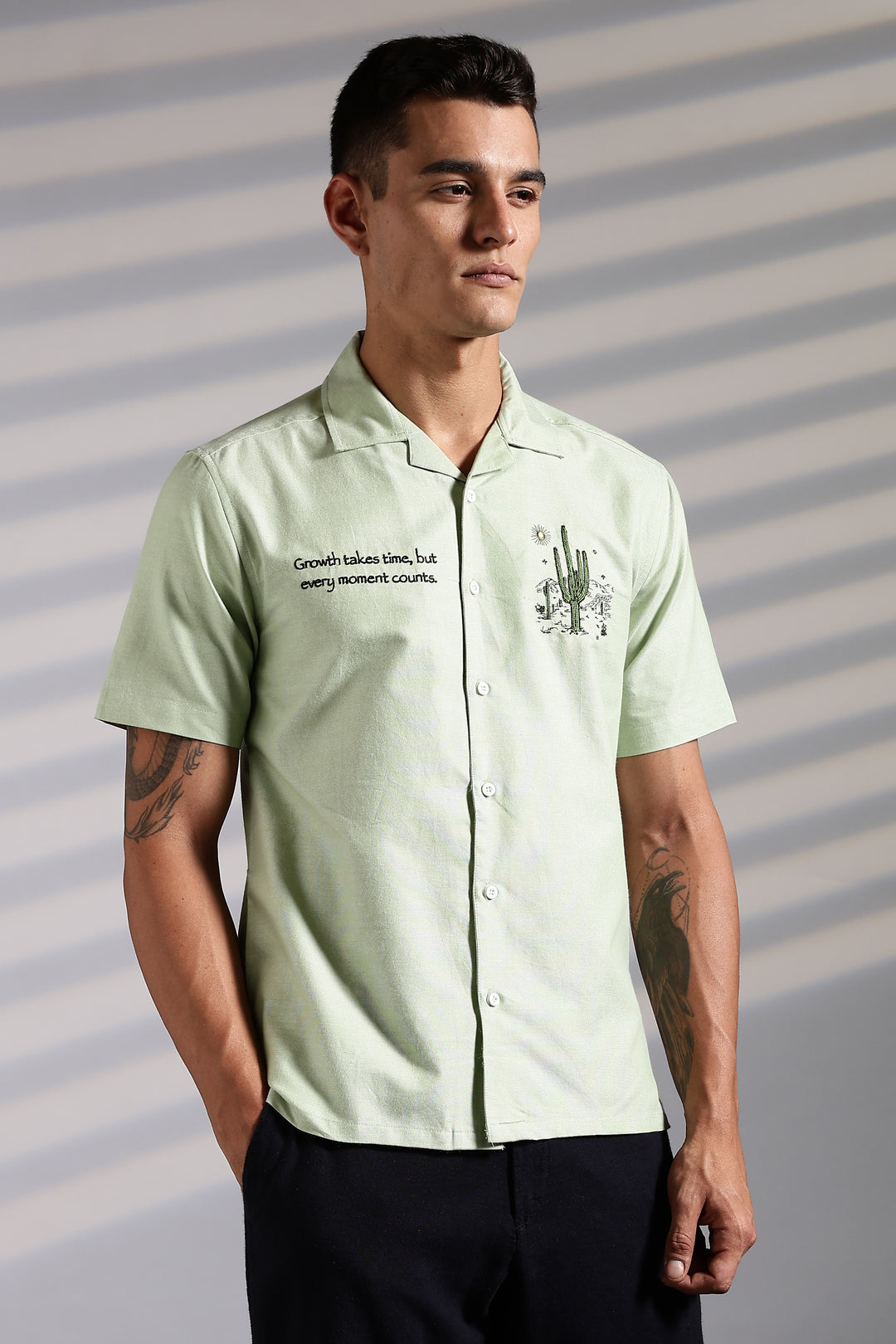 Cactus: Green Embroidery Cuban Shirt