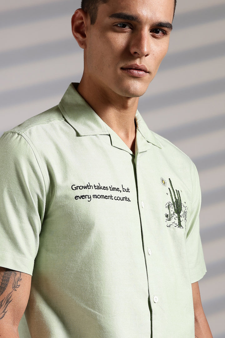 Cactus: Green Embroidery Cuban Shirt