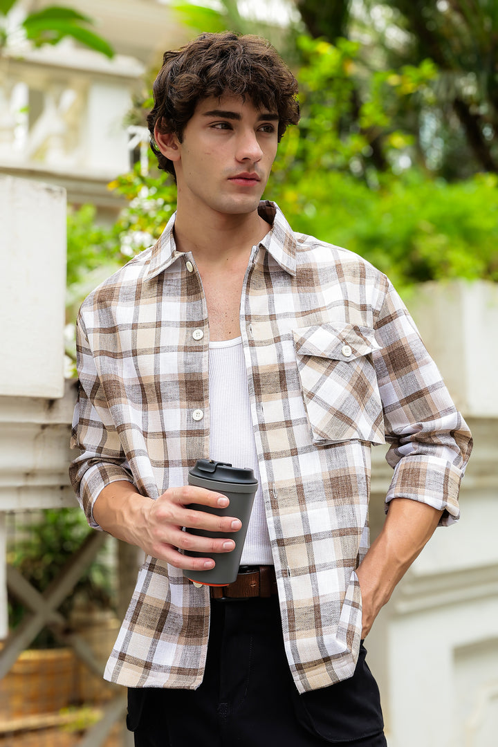 Plaid: Brown Checks Cargo Pocket Shirt