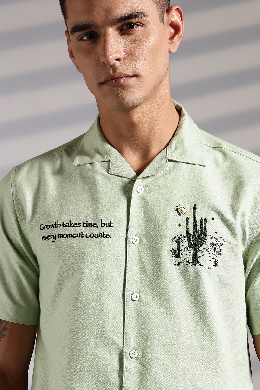 Cactus: Green Embroidery Cuban Shirt